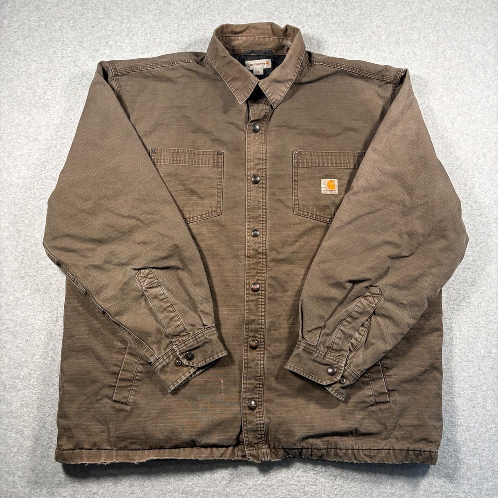Carhartt Quilted Lined Shirt Jacket Mens XL Brown Canvas Workwear Ripstop Coat